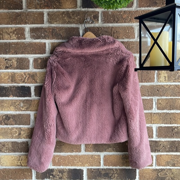 Anthropologie Faux Fur Jacket Teddy Bomber Mauve Dusty Rose Chevron Detail - Picture 8 of 10